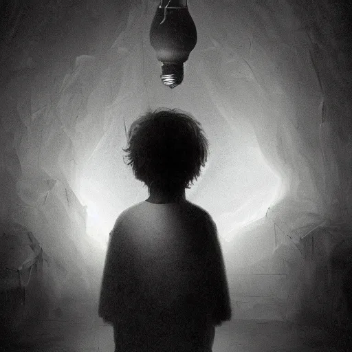 Prompt: matte painting of a child alone under a light bulb in a room, fear, black water lake, artstation, surreal, dark space, claustrophobic, liminal space, by rembrandt, chiaroscuro.