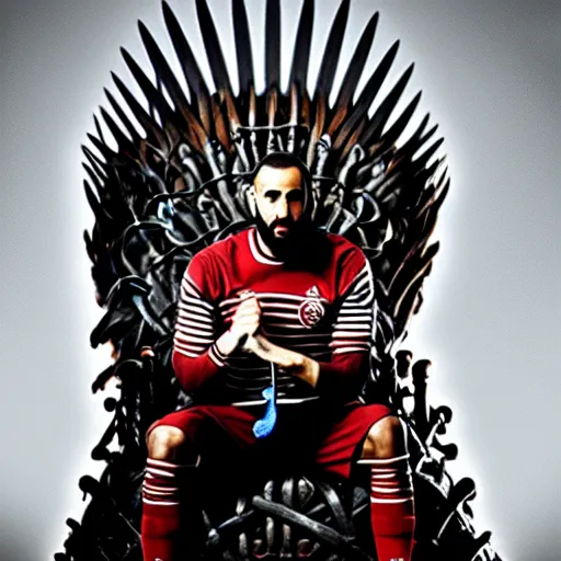 Prompt: Karim Benzema sitting on the iron throne, 4k, award winning, Photograph