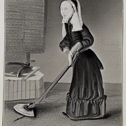 Prompt: house servant 1700s garret, attic, women mopping, haggard face, historic photographs