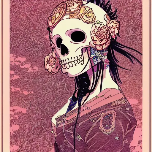 Image similar to anime manga skull portrait girl female skeleton wearing mask helmet 80s vaporwave detailed patterns art Geof Darrow and Ashley wood and Ilya repin and alphonse mucha pop art nouveau