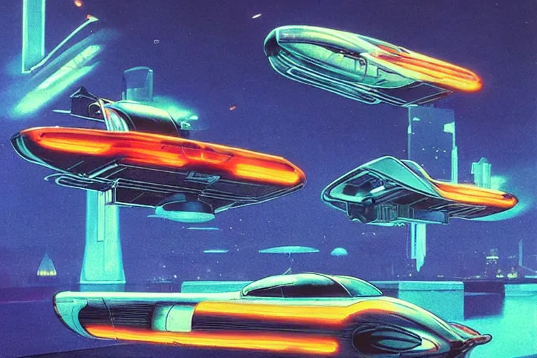 Image similar to retro futuristic metropolis, futuristic flying cars, neon lit, made by vincent di fate