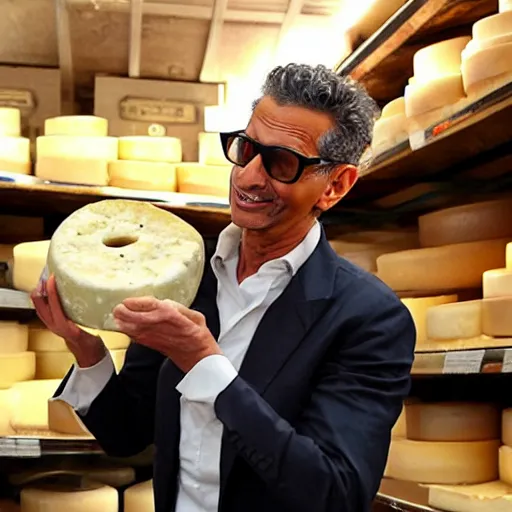 Prompt: jeff goldblum eating a large wheel of cheese,