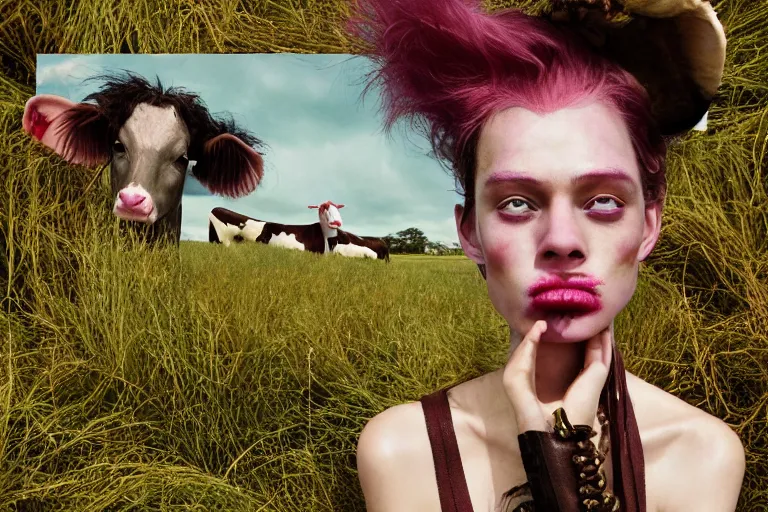 Prompt: 35mm color, lost photo, identity, portrait, fashion shoot, weird, random, strange, hyperdetailed, photorealistic, high fashion, interesting, dairy farm, by David la chapelle and WETA digital, Vogue magazine, ID magazine, octane rendering, cinematic, hyperrealism, 8k, depth of field, bokeh.