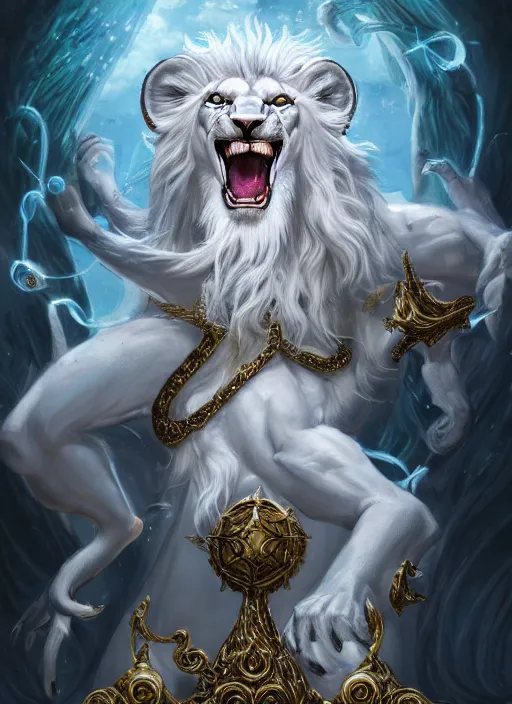 Image similar to anthropomorphized white lion wizard casting magic bright light spell, smiling, casting spell, concept art, insanely detailed and intricate, hypermaximalist, elegant, ornate, hyper realistic, super detailed, art deco, cinematic, trending on artstation, magic the gathering artwork