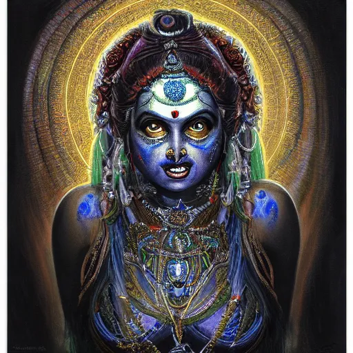 Prompt: perfectly centered portrait, front view of a beautiful biomechanical goddess kali, female, flowing hair, intense stare, sweet smile, symmetrical, concept art, intricate detail, volumetric shadows and lighting, psychedelic colors, vibrant, realistic oil painting by gustave dore,