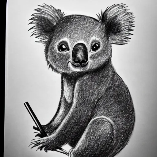 Prompt: a hand drawn pencil sketch of a quizzical koala staring at a bubble black and white illustration