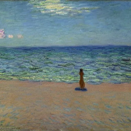 Prompt: Nostalgic beach which is bright up close and dark far away, with two people floating on the sand, by claude monet