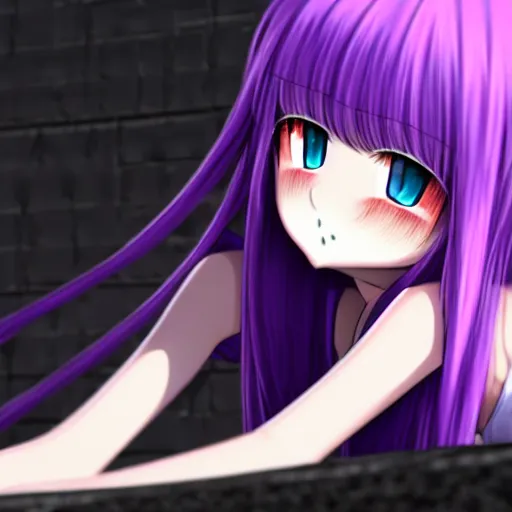 Image similar to A render of a cute young 3D anime girl with long violet hair, she is laying on her back, top down camera angle pointing at her face, she is wearing a long flowing black reaper hood with black pants, a bloody scythe is laying next to her foot, in a busy street, laying on her back, full body, dark and moody lighting, night time