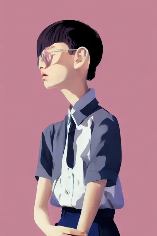 Prompt: a cute girl with shoulder - length white short hair wearing school uniform, mauve background, white hair, dark blue clothes double ball head, sharp focus, pure background color, illustration, morandi color scheme, art station, by ilya kuvshinov