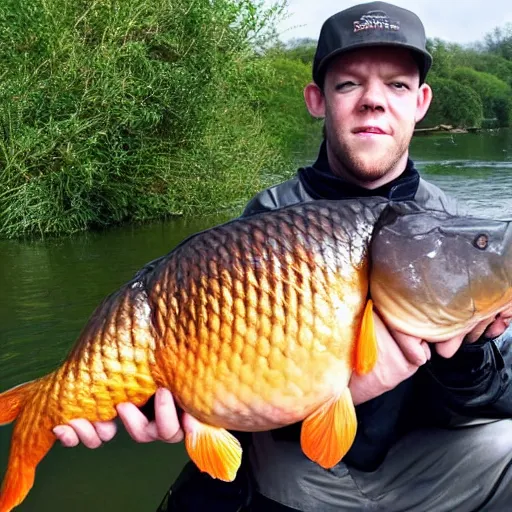 Prompt: a proud Russell Tovey catching a massive carp