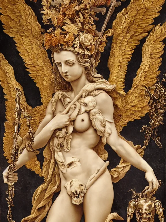 Prompt: lustful lucifer with wings in the form of a Greek sculpture and wreath of skulls, fire in hands, dressed in a fire dress, stands in the pose of a super hero on a golden stone, silk, fabric, demons, skulls, black plastic, black tar flowing, baroque elements, human skull. full-length view. baroque element. intricate artwork by caravaggio. many many bats on background. Trending on artstation. halo. octane render, cinematic, hyper realism, octane render, 8k, depth of field, bokeh. iridescent accents. vibrant. teal and gold and sakura color scheme