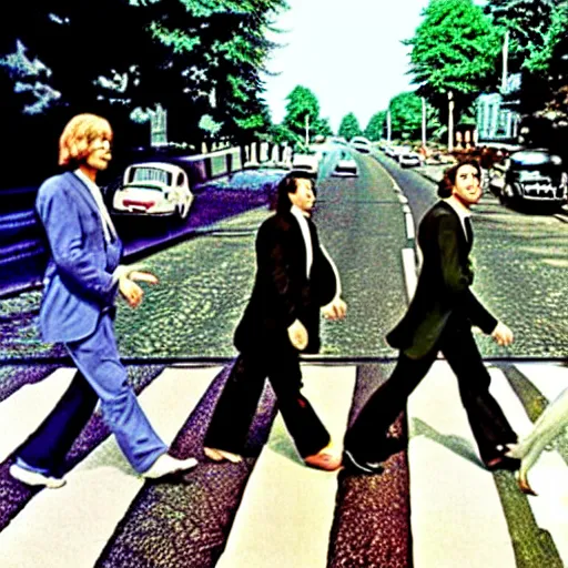 Image similar to the three stooges crossing abbey road,