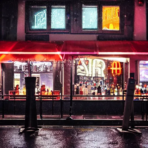 Prompt: bar on a street, photo, rain, neon