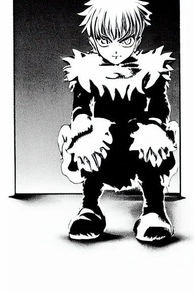 Image similar to attractive little boy in cat suit, black and white artwork made by kentaro miura and yoshihiro togashi