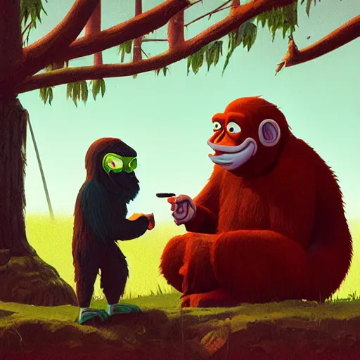 Prompt: ape teaching pepe, trying to learn, by simon stalenhag