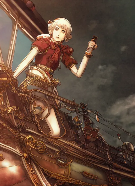 Image similar to character portrait of the pearl herald on an airship, hidari, color page, tankoban, 4K, tone mapping, Akihiko Yoshida.