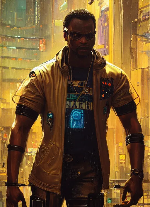 Image similar to Chidi Igwe. Buff Cyberpunk policeman with robotic legs and plastic raincoat. Patrolling rainy city streets. (Cyberpunk 2077, bladerunner 2049). handsome face. Iranian orientalist portrait by john william waterhouse and Edwin Longsden Long and Theodore Ralli and Nasreddine Dinet, oil on canvas. Cinematic, vivid colors, hyper realism, realistic proportions, dramatic lighting, high detail 4k