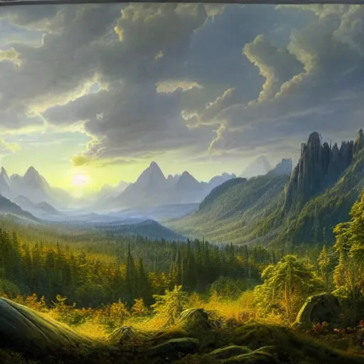 Image similar to a beautiful and highly detailed matte painting of an epic lush mountain range stretching into the distance, fir trees, intricate details, epic scale, insanely complex, 8 k, sharp focus, hyperrealism, very realistic, by caspar friedrich, greg rutowski, james gurney, zeen chin,