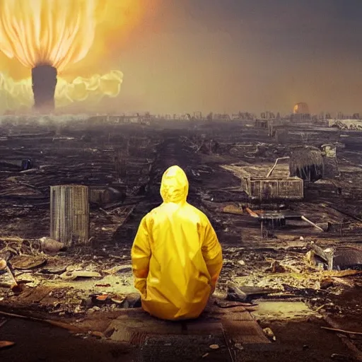 Image similar to a beautiful award-winning photo of the last man on Earth wearing a hazmat suit, sitting, serene idyllic post-nuclear background with a mushroom cloud on the horizon, a mirage of a skyline of a destroyed city, numerous fires, volumetric lighting, very high quality, extremely detailed, subtle visual noise, 8K