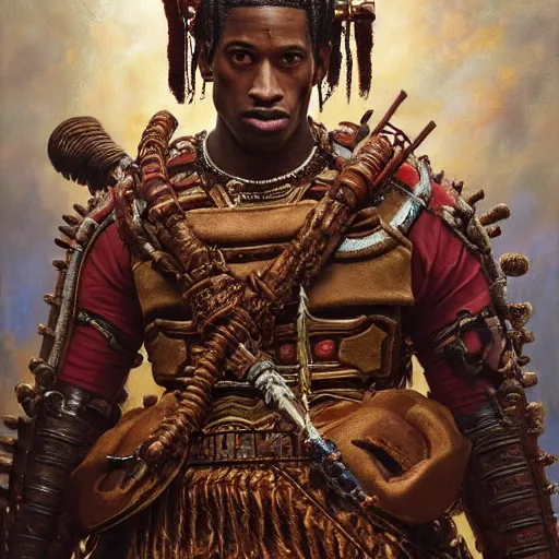 Image similar to highly detailed oil painting | very intricate | cinematic lighting | award - winning | travis scott as the mayan samurai in full armor | by roberto ferri, by tom bagshaw, by j. c. leyendecker and klimt, beautiful cinematic light, american romanticism, by austin osman spare, artstation, cgsociety, official art, octane