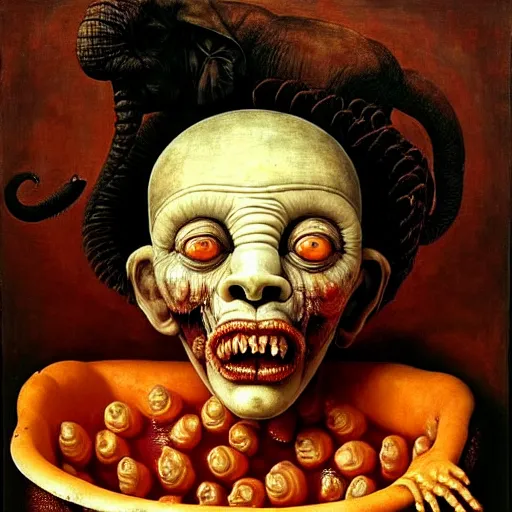 Image similar to a boy like eraserhead and elephant man sitting in a tub full of tomato sauce, looking straight into camera, screaming in pain, by giuseppe arcimboldo and ambrosius benson, renaissance, fruit, intricate and intense oil paint, a touch of beksinski and hr giger, realistic