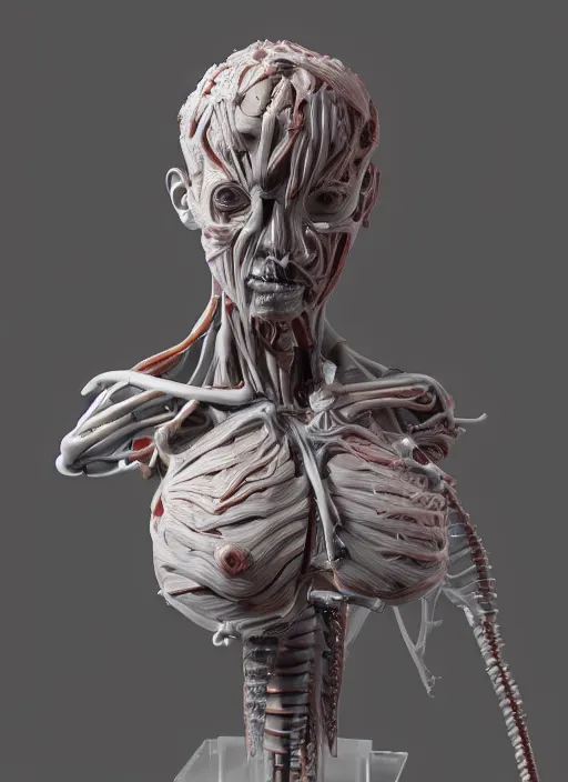 Image similar to a bust sculpture of anatomical female detailed cyborg, veins, become human, ceramic base, orthographic, studio lighting