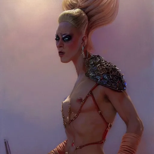 Image similar to vladimir putin, is a drag queen, drees, high heels fantasy 3 d render, masterpiece, by donato giancola and greg rutkowski and wayne barlow and zdzisław beksinski, realistic face