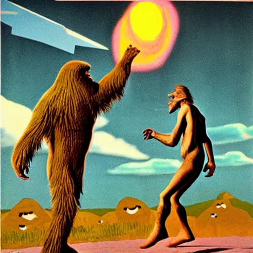 Prompt: a 1960s photograph of a UFO abducting Bigfoot, 4k