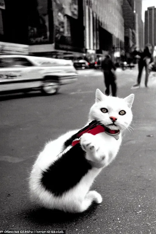 Prompt: leica s photograph, kodachrome film, subject is a white furry cat riding on a skateboard that is rolling down broadway in nyc, bruce gilden, detailed