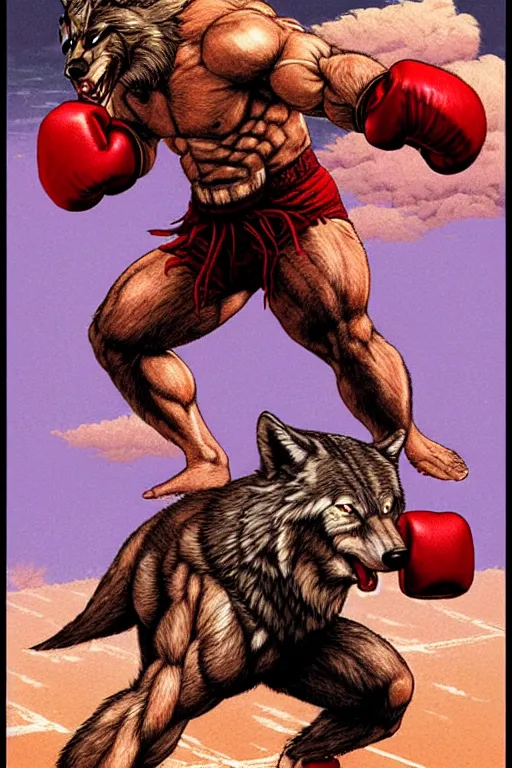 Prompt: extreme long shot. 8 bit nes graphics. antropomorphic muscular masculine wolf. kickboxer fighter, in shorts. wolf head. fine details, art from nes game cartridge, marc simonetti and hermann nitsch