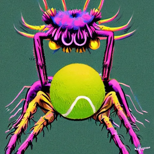 Image similar to a tennis ball monsters ,spider, colorful, digital art, fantasy, magic, trending on artstation, ultra detailed, professional illustration by Basil Gogos