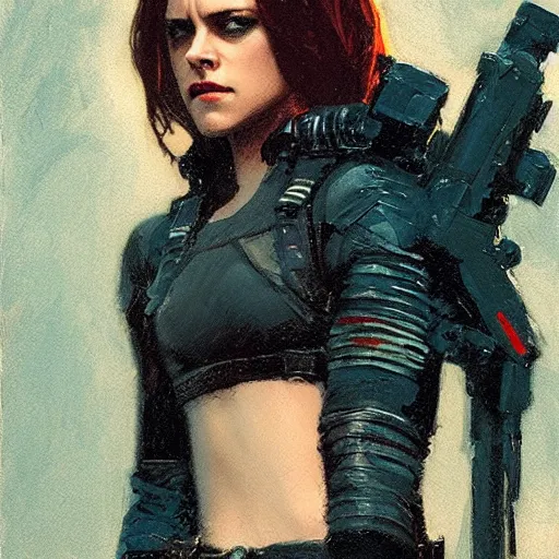 Image similar to kristen stewart as the winter soldier, intricate, elegant, highly detailed, greg manchess, mucha, liepke, ruan jia, jeffrey catherine jones, ridley scott