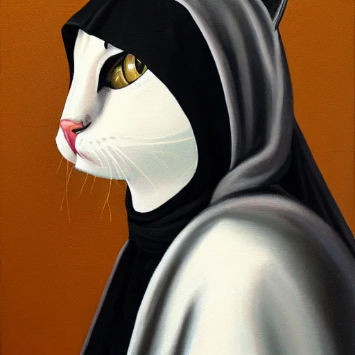 Prompt: a painting of a cat wearing a nun costume, a fine art painting by hanns katz, trending on deviantart, pop surrealism, da vinci, fine art, picasso