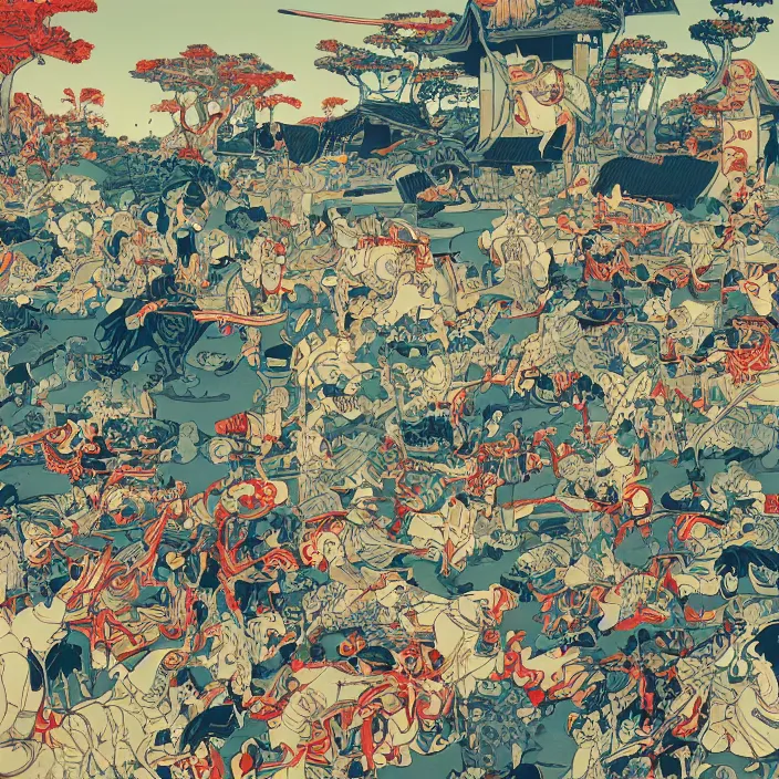 Image similar to samurai farm, by james jean