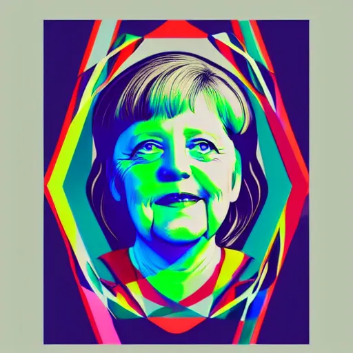 Image similar to smiling, happy, beautiful, intelligent, powerful, angela merkel, loving eyes, fully clothed, wise, beautiful, dramatic lighting, sharp focus, art deco patterns by stanley artgerm, retro futurism, dramatic lighting, trending on artstation, flat colour, geometric curves, gradient filter