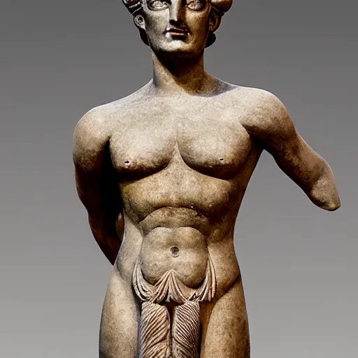 Image similar to long shot photo of a soapstone Art Deco statue of ancient greek religion god Hades wearing a tunic, sculped by Paul Landowski,Jean Dupas, Tamara de Lempicka, Reginald Marsh, Rockwell Kent, and Diego Rivera,long shot,wide shot,low angle,Sigma 85 mm f/1.4,very detailed,unreal-engine,city in the background