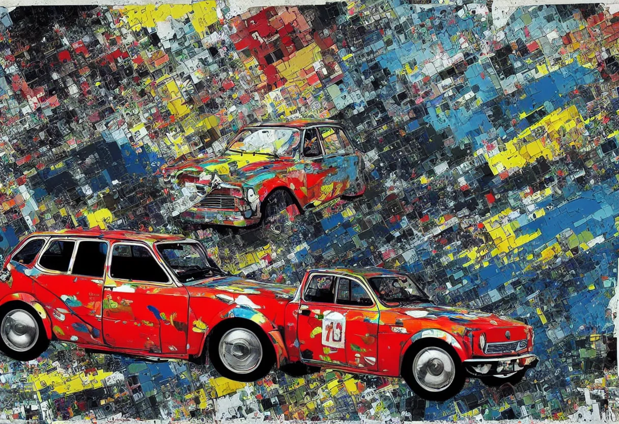 Image similar to yugo car against concrete wall as pop art, matte painting, hyperdetailed, coherent, art nouveau, beautiful render, concept art by mimmo rotella and paul robertson