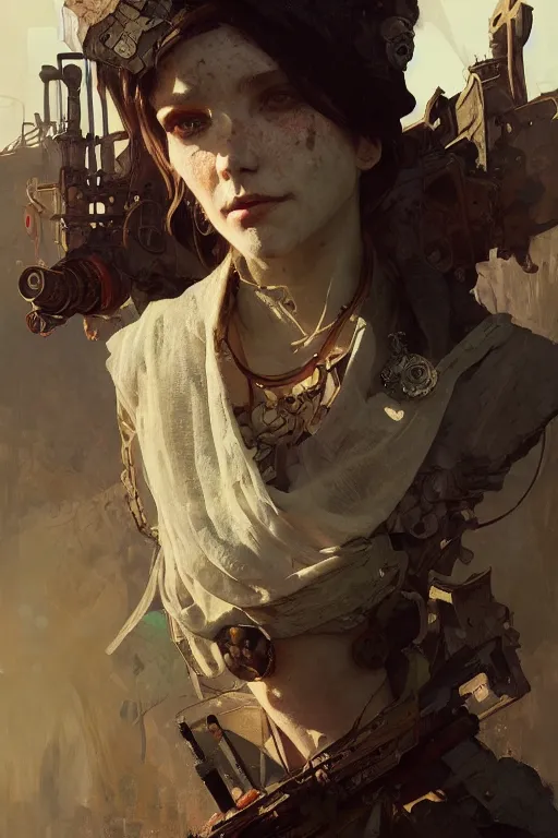 Image similar to A full portrait of a beautiful post apocalyptic offworld junk merchant, intricate, elegant, highly detailed, digital painting, artstation, concept art, smooth, sharp focus, illustration, art by Krenz Cushart and Artem Demura and alphonse mucha