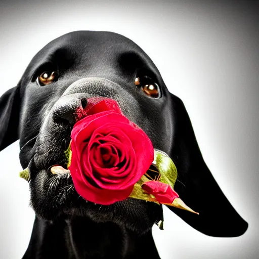 Image similar to black dog with rose in it's mouth, green eyes, studio lighting, cinematic, 4 k, detailed, global illumination, chromatic abberation