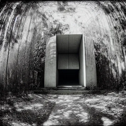 Prompt: hyperrealistic highdetailed abandoned modern church by tadao ando in the tropical wood, palms, overgrown place, predators guarding, mystic, melancholy, pinhole analogue photo quality, lomography, scratches on photo, noise effect, blur effect, monochrome