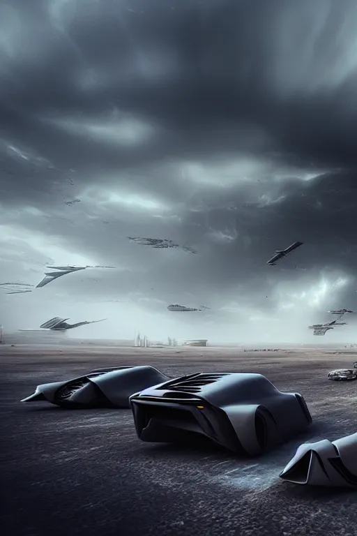 Prompt: zaha hadid buildings in the middle of a mad max desert scene with futuristic car, trending on artstation, cinematic matte painting, stormy weather, dark moody colors, featured on behance