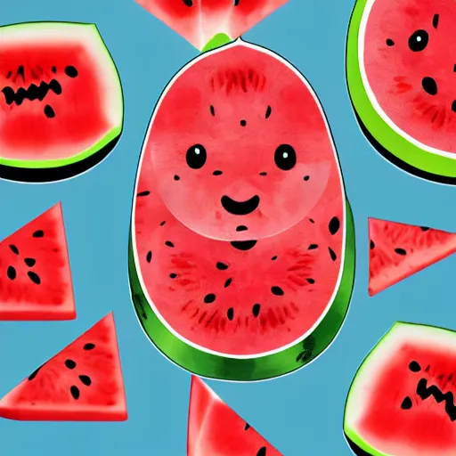 Image similar to cute kawaii realistic fruit bat eats a watermelon piece, digital art, high quality, illustration, art, detailed, 3 d render, by sydney hanson, sticker,