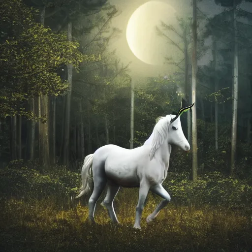 Image similar to close photo of morgan freeman riding an unicorn, in the middle of a forest, in the moonlight, night realism, 4 k, octane render, award winning photograph