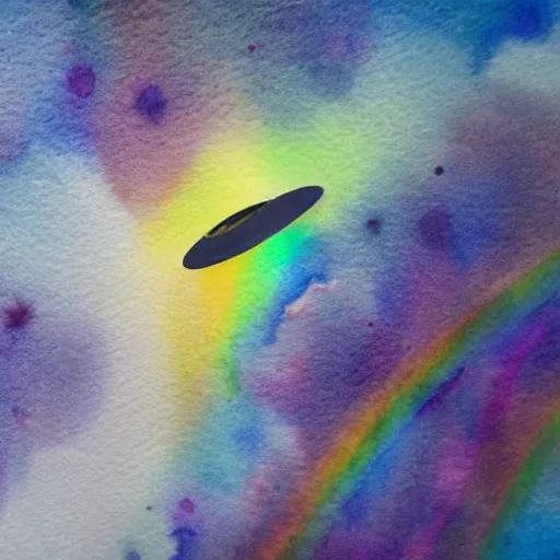 Image similar to high - angle view, close - up portrait, vague uap interstellar vehicle on top of an ephemeral rainbow in the sky, muted watercolor. minimalist, detailed, heavy under paint, muted colors, abstract. ue 5