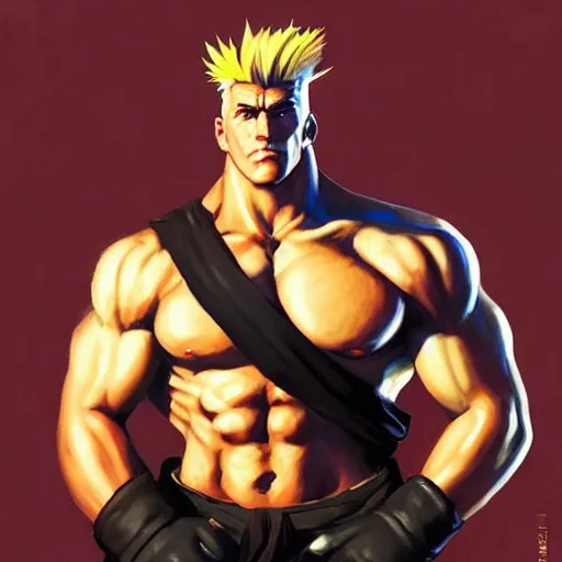 Image similar to greg manchess portrait painting of guile from street fighter as overwatch character, medium shot, asymmetrical, profile picture, organic painting, sunny day, matte painting, bold shapes, hard edges, street art, trending on artstation, by huang guangjian and gil elvgren and ross tran