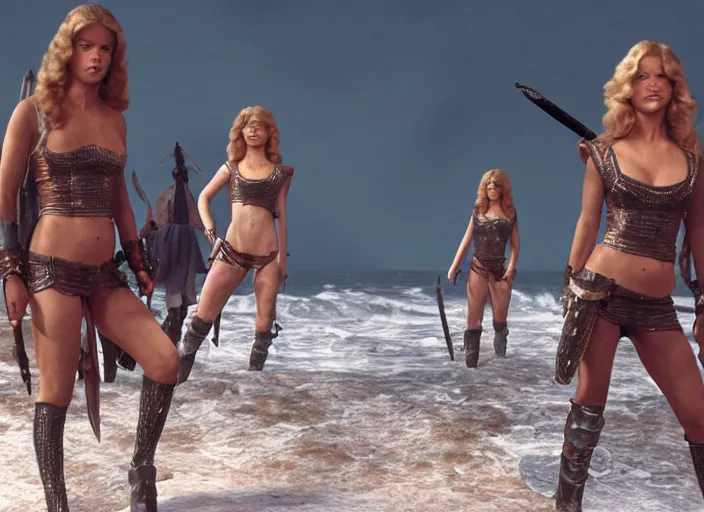 Image similar to film still charlie's angels ( 1 9 7 6 ) as a viking women with weapons, wearing skin - tight space age bikinis, rough seas in background, lightning storms, barbarella, water world, mad max, conan, hyper - realistic, highly detailed, accurate, 8 k octane render, 2 8 mm, wide angle, rule of thirds