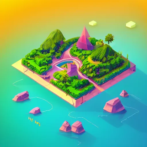 Prompt: isometric island land on neon background, isometric invironment, 3d art, isometric art, high detail, artstation, concept art, behance, ray tracing, smooth, sharp focus, ethereal lighting