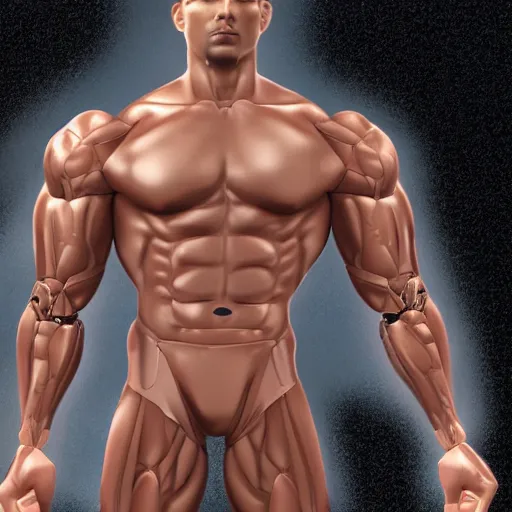 Image similar to a realistic detailed photo of a bodybuilder who is also a male android Chris Redfield, shiny skin, posing robotically, blank stare