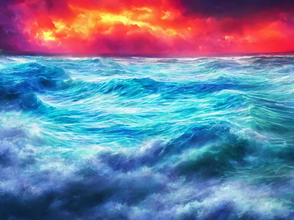 Prompt: Stunning dreamy rainbow colored stormy waves on beach full of blue sand and crystal gems, avatar, sunny rainbow galaxy stormy sea, cinematic, sunset, hyper-realistic, high resolution, concept art, artstation