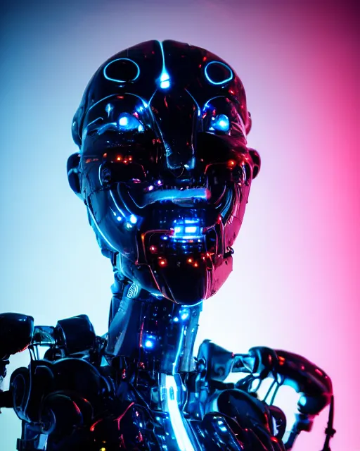 Image similar to photo of sweaty soulful female as a cyberpunk mecha humanoid robotic head and face parts with straight bright led lights, light emitting cables seen over cheekbones, sweaty skin dripping down face, ultra - realistic and detailed, long exposure 8 k